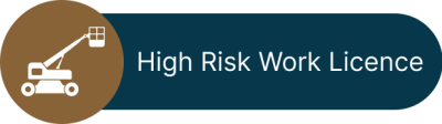 elevated work platform icon and the text "High Risk Work Licence," signifying certification for operating boom lifts and similar equipment elevated work platform icon and the text "High Risk Work Licence," signifying certification for operating boom lifts and similar equipment