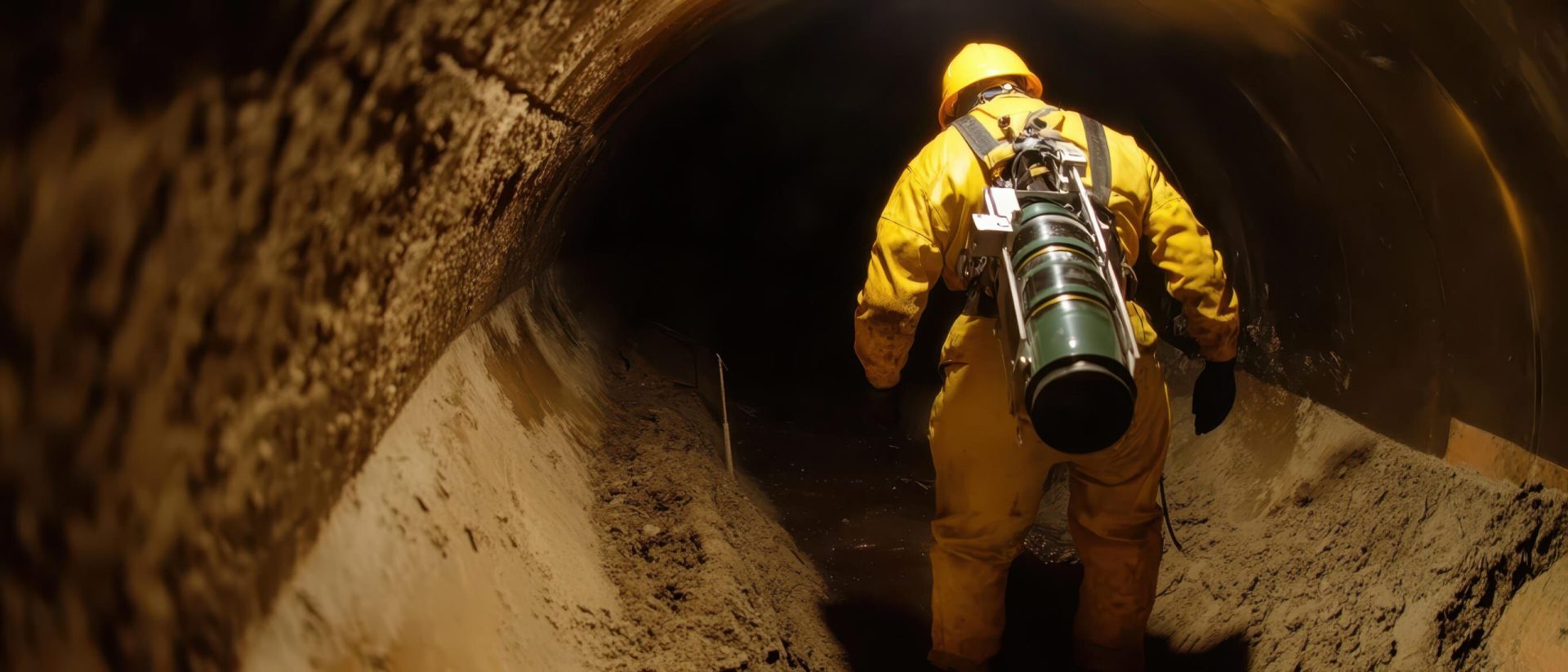 A worker in full protective gear with a breathing apparatus navigating a confined underground space